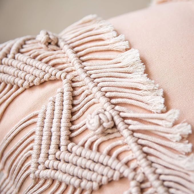 Phantoscope Macrame Pillow Cotton Handmade Symmetry 3D Crochet Woven Boho Throw Pillow Farmhouse Pillow Insert Included Decorative Cushion for Couch Sofa Pink 18 x 18 inches 45 x 45 cm