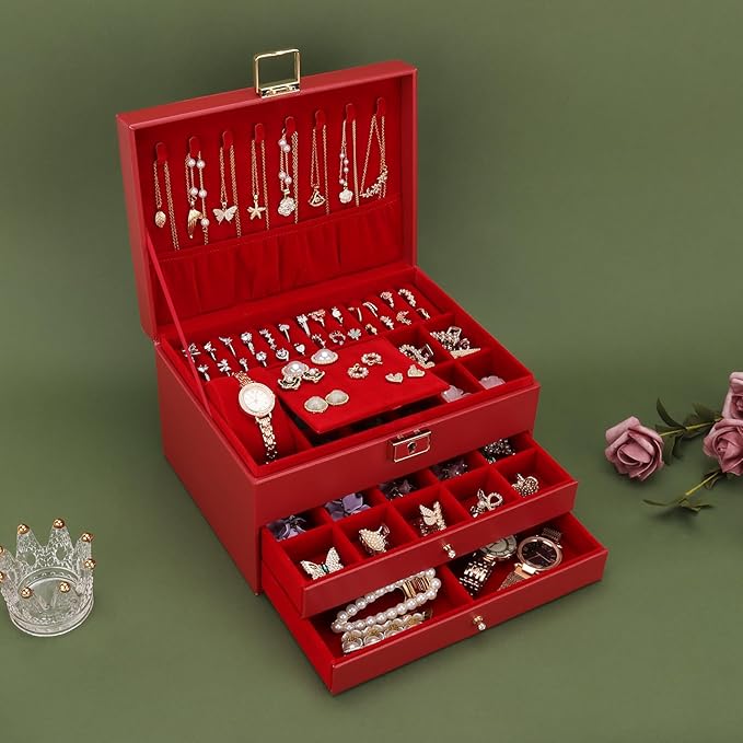 DesignSter Jewelry Box,Jewelry Organizer with 2 Drawers, 3 Layers Leather Jewelry Storage Box with Lock, Jewelry Storage Case for Necklaces Earrings Bracelets and Rings（Red）