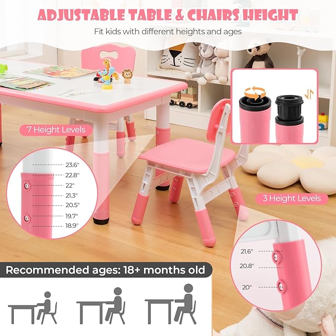 HONEY JOY Kids Table and Chair Set, Height Adjustable Children Activity Table and 4 Chairs Set w/Erasable Graffiti Desktop, Toddler Table and Chair Set for Daycare, Classroom, Home (Pink)