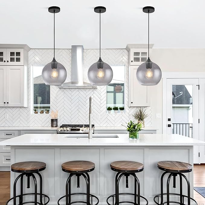 Gray Glass Pendant Lights Kitchen Island Lighting Globe Pendant Light Fixtures Modern Pendant Lighting for Kitchen Island Bedroom Living Dining Room Light Fixture-9.8in