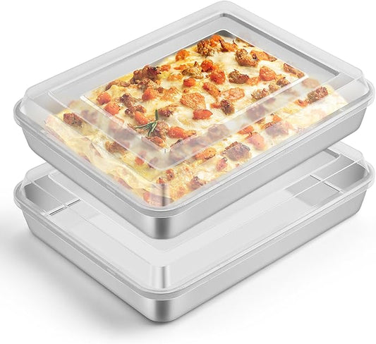 Leonyo Lasagna Pan with Lid, 10.5 x 8 x 2 Inch Rectangular Cake Pan with Lid, Stainless Steel Baking Sheet Brownies Casseroles Deep Tray for Toaster Oven, Focaccia, Fish, Chicken