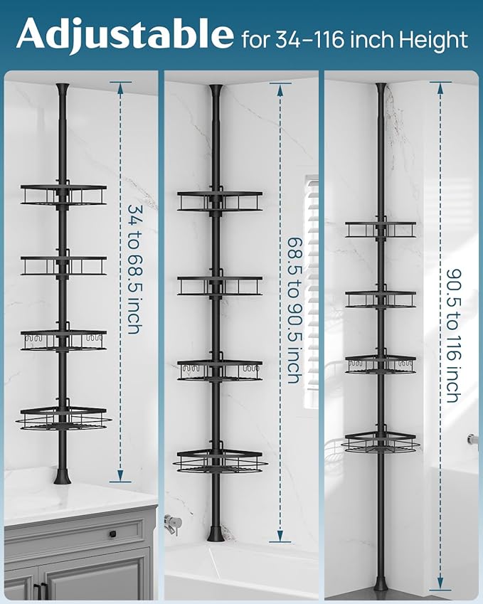 SEIRIONE Corner Shower Caddy Tension Pole, Rustproof Bathroom Shower Organizer Corner, 4-Tier Adjustable Bathroom Shelf, Solid Rack Ideal for Bathtub Storage, 34 to 116 Inch Height, Black