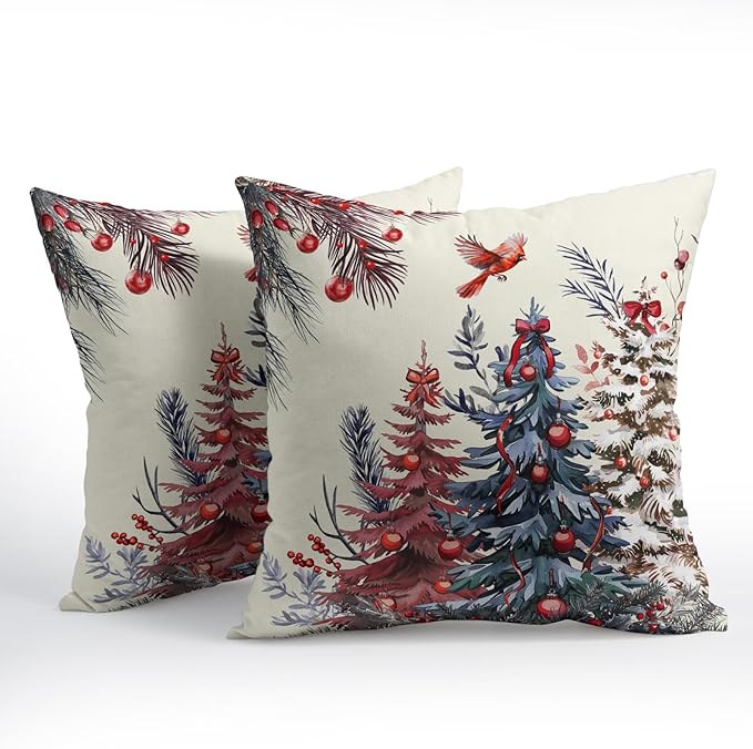 Kawani Christmas Pillow Covers 16x16 Inch Red Christmas Trees Decorative Throw Pillow Covers Set of 2 Winter Xmas Holiday Pillowcases Cushion Covers for Couch Indoor Outdoor Home Decor