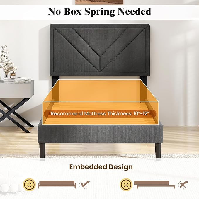 Giantex Twin Bed Frames with Headboard, Modern Upholstered Platform Bed Frame with Diagonal Channel Tufting Headboard, Wooden Slats Support, No Box Spring Needed, Gray