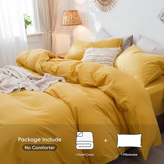 MooMee Bedding Duvet Cover Set 100% Washed Cotton Linen Like Textured Breathable Durable Soft Comfy (Solid Yellow, Twin 68"x90")