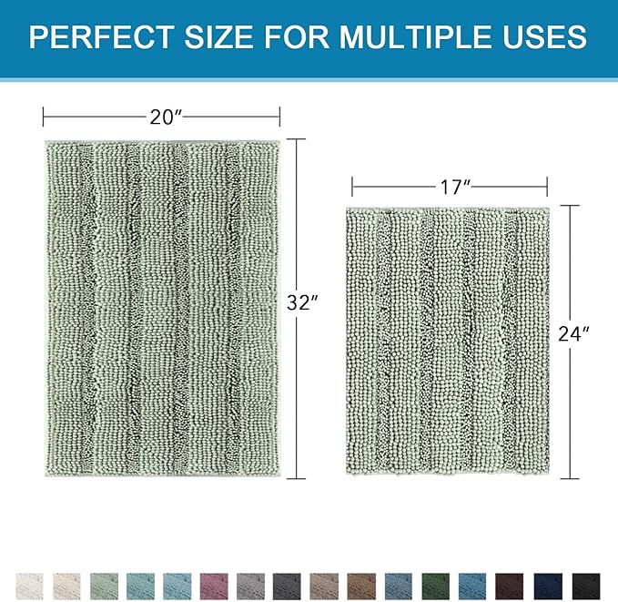 H.VERSAILTEX Sage Bathroom Rugs, Bath Mat Set of 2 Extra Thick Chenille Striped Pattern Shaggy Bath Rugs for Bath Room, Non Skid Bath Mats for Bathroom Floor (32 x 20 Plus 24 x 17 - Inches)