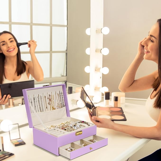 2-Layer Jewelry Box for Women Girls, Jewelry Organizers and Storage with Removable Jewelry Tray, Vintage Quilted Top Lockable Jewelry Holder Gift Idea Light Purple