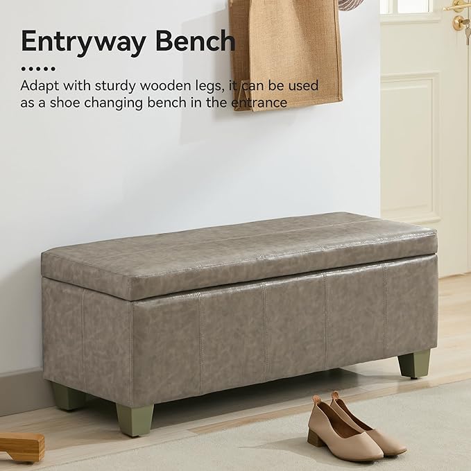 51" Faux Leather Storage Ottoman, Stitch Tufted Rectangle Upholstered End of Bed Storage Bench, Entryway Large Couch Ottoman with Wooden Legs,Grey