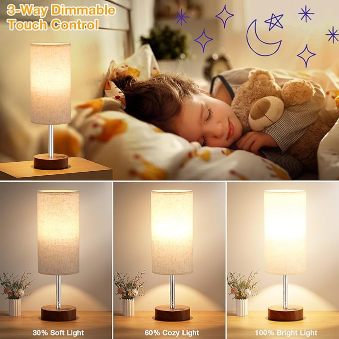 Touch Bedside Table Lamp with USB - 3 Way Dimmable Redwood Lamps for Bedroom Nightstand, Desk Lamp with Charging Station for Dorm, Living Room, Office, Kids Room, Nursery