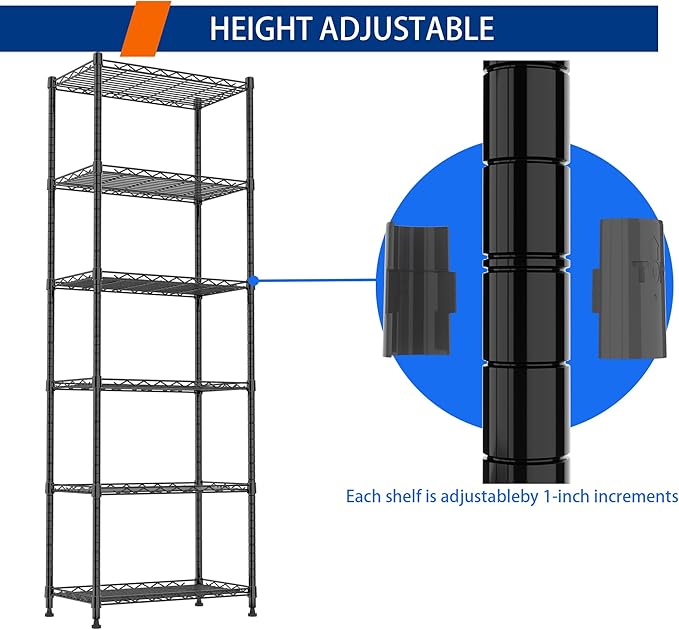 REGILLER 6 Wire Shelving Steel Storage Rack Adjustable Unit Shelves for Laundry Bathroom Kitchen Pantry Closet(Black,11.7" D x 21.4" W x 63" H)
