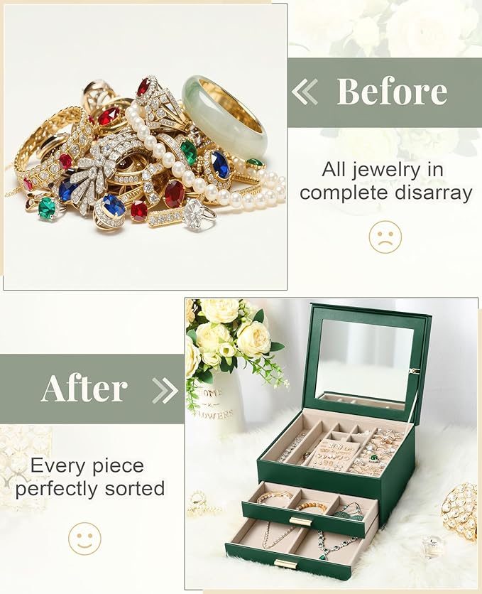 Amearea Jewelry Box Organizer for Women Girls with Mirror, 3-Layer Large Jewelry Storage Case, Synthetic Leather Jewelry Holder Organizer with Removable Tray for Necklaces Earrings Rings, Green