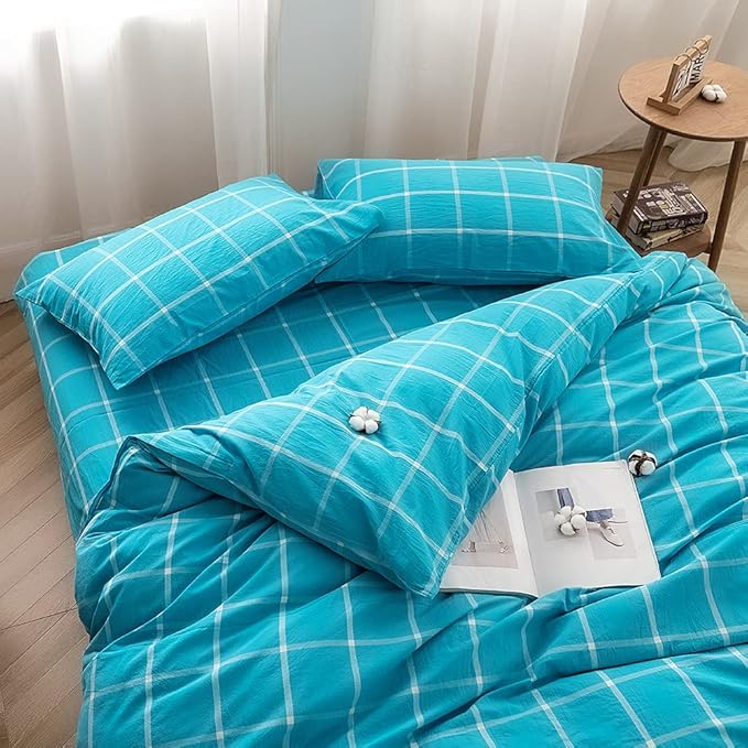 FACE TWO FACE Bedding Duvet Cover Set100% Washed Cotton Duvet Cover Linen Like Textured Breathable Durable Soft Comfy (King, Turquoise Grid)