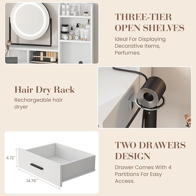 Vanity Desk with Rotating Mirror, Makeup Vanity Desk with Adjustable Mirror, 3 Colors Adjustable Light, Power Outlet, Dressing Table With 2 Drawers, Storage Shelves & Stool for Bedroom, White & Black