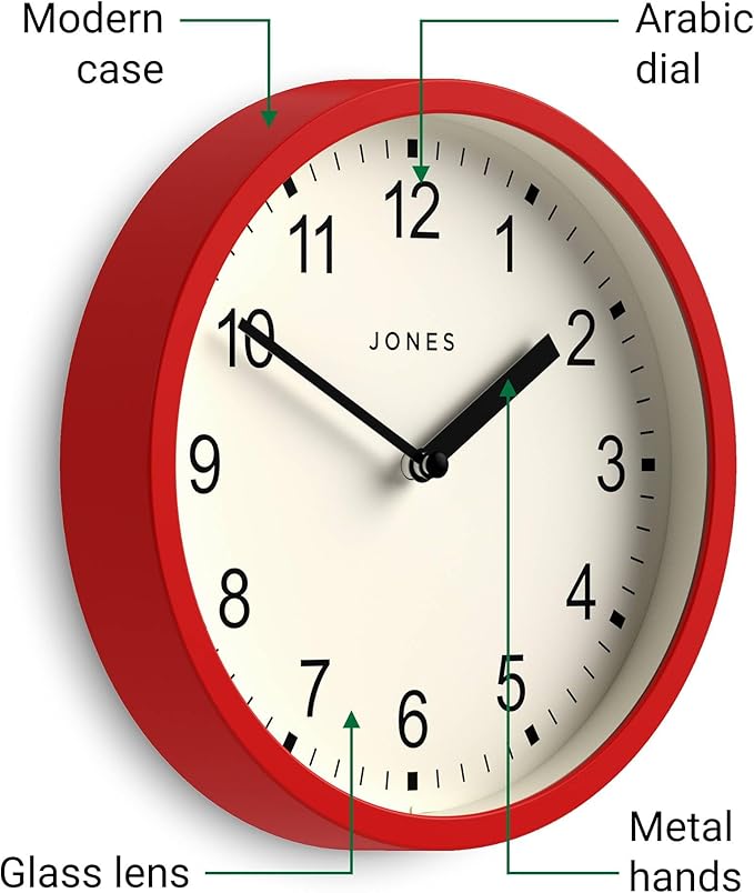 JONES CLOCKS® Spin Wall Clock | Small Modern Round Clock | 8inch | Red | Easy to Read Numbers | Ideal for Kitchen, Office, Children’s Room or Any Small Space