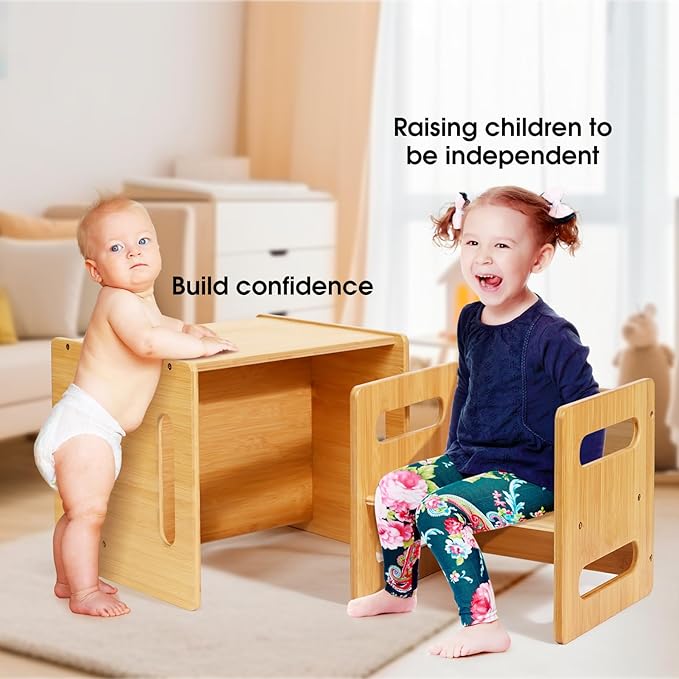 Kids Table and Chair Set, Montessori Weaning Table and Chair,Natural Bamboo Small Desk Chair,Toddler Activity Table and Chair Set for 1-3 Year Old Kids Dinner,Reading,Playing Toys, CPC Certified