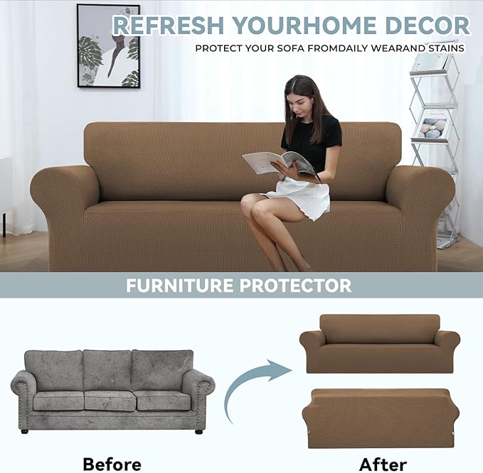 LURKA Stretch Sofa Slipcovers 1 Piece Couch Covers for 3 Cushion Couch Sofa Furniture Protector Full Sofa Covers with Elastic Bottom for Kids and Dog (Camel, Large)
