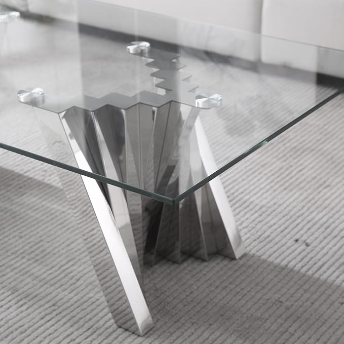 Goujxcy Modern Glass Coffee Table 51" Silver Center Table with Tempered Glass Top and Mirror Finish Stainless Steel Legs, Luxury Rectangular Coffee Table for Living Room Apartment (Silver)