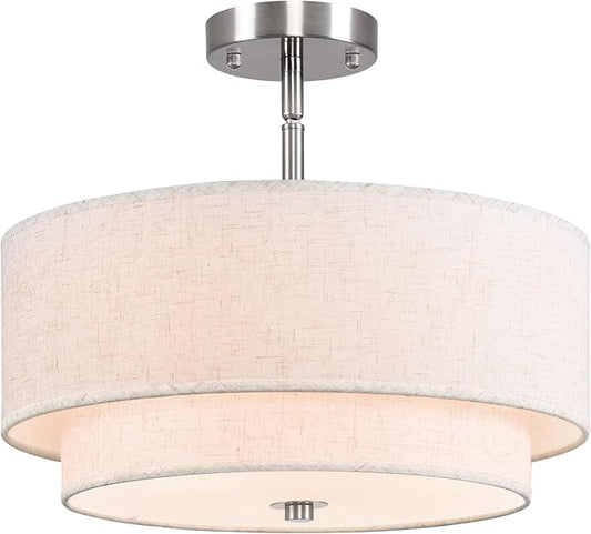 16" Semi Flush Mount Ceiling Light, Brushed Nickel 3 Light Double Drum Fabric Lampshade Lighting Fixtures for Living, Dining Room, Bedroom, Kitchen, Hallway (Canopy for Sloped/Flat Ceiling)