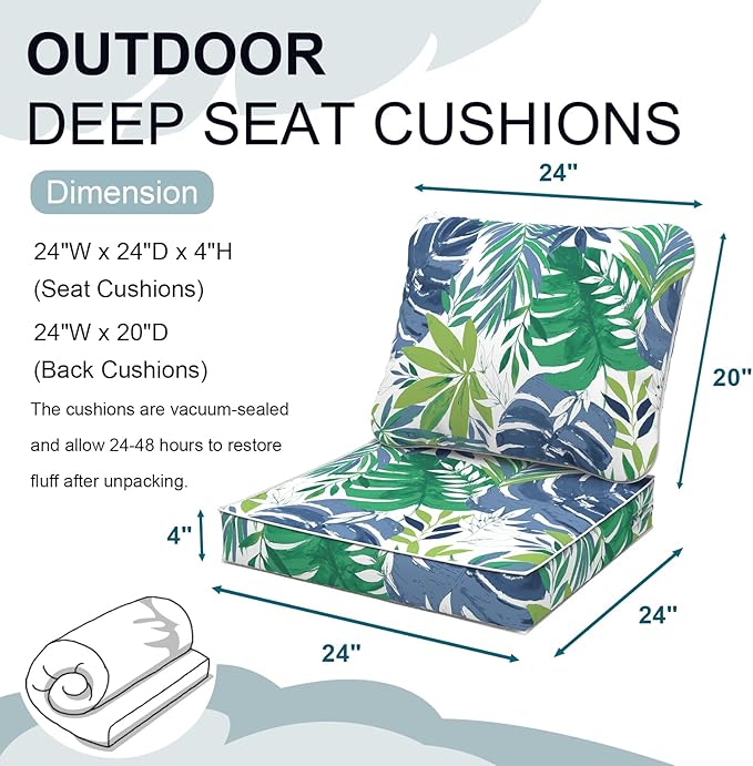 Outdoor Deep Seat Cushions Set 24 x 24 Inch for Patio Furniture,Water Resistant Chair Cushions Replacement Includes Seat Cushion & Back Pillow for Couch, Wicker Chair - Islamorada Blue Green