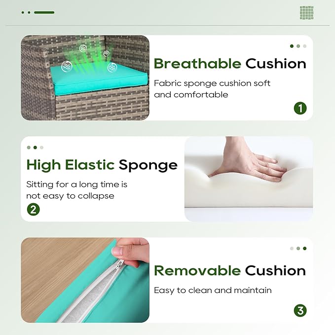 FDW | 3-Piece Patio Furniture Set | Gray & Blue | Outdoor Wicker Furniture with Coffee Table | Modern Rattan Chairs Conversation Set | Outdoor Seating | Weather-Resistant | for Porch, Garden, Lawn