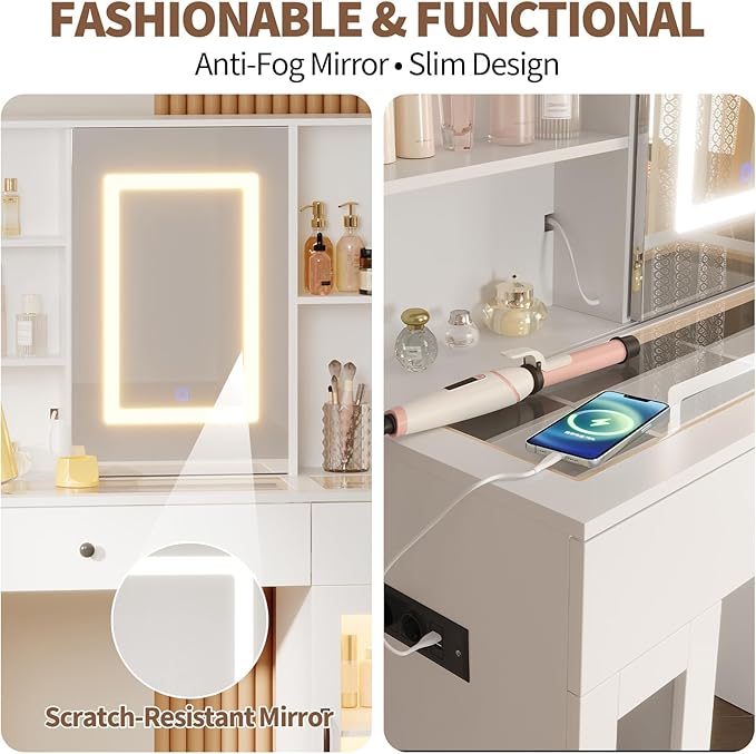 Vanity Desk with Mirror and Lights, Glass Top Vanity Desk with Sliding LED Mirror & 3-Color Lights, Makeup Dressing Table with Storage Drawers, Rainbow Glass Cabinets, USB/AC Outlets, MDF Beauty Hub