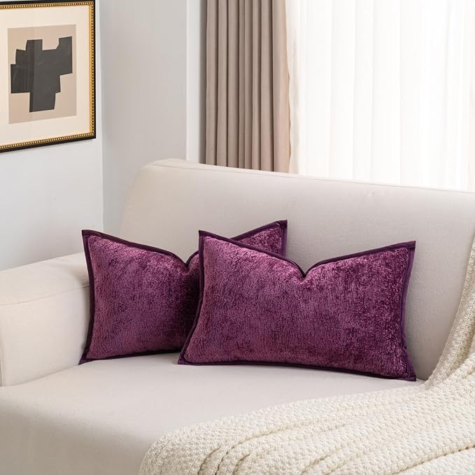 FUTEI Purple Chenille Throw Pillow Covers 12x20 Inch Set of 2,Soft Cozy Bound Edge Design Lumbar Pillow Cases,Home Decor for Couch Bed Living Room