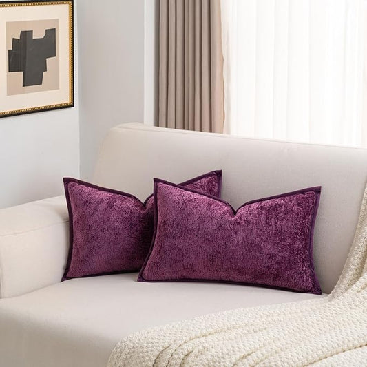 FUTEI Purple Chenille Throw Pillow Covers 12x20 Inch Set of 2,Soft Cozy Bound Edge Design Lumbar Pillow Cases,Home Decor for Couch Bed Living Room