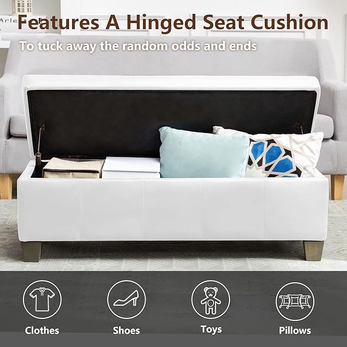 51 Inch Faux Leather Ottoman with Storage, End of Bed Bench with Large Storage, Rectangular Extra Long Bench for Bedroom and Living Room, White
