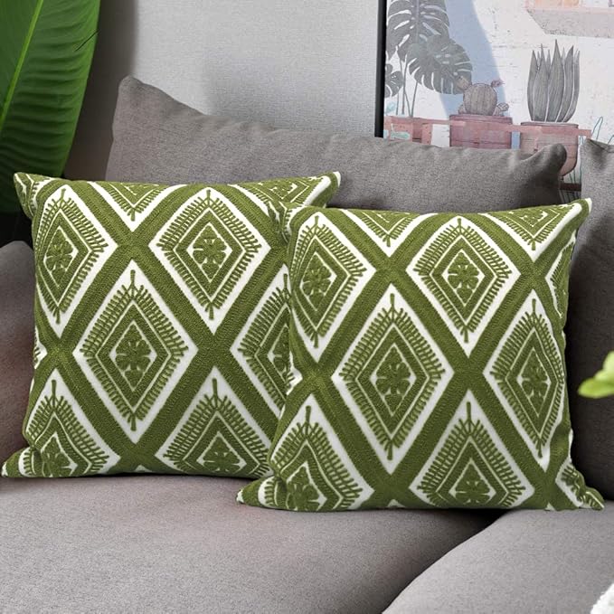 Alysheer Embroidered Decorative Throw Pillow Covers 18x18 inches Set of 2 Pieces, Boho Geometric Modern Chic Classic Pattern Cotton Cushion Cases for Sofa Couch Bed Living Room(Olive Green)