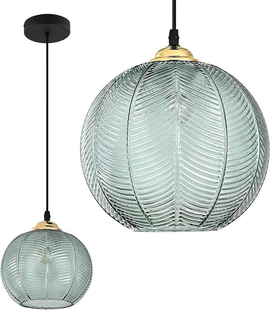 KCO Lighting Single Green Glass Pendant Light Large Globe Pendant Lighting Nordic Ribbed Ceiling Hanging Chandelier Light Vintage Dining Room Kitchen Island Light Fixture