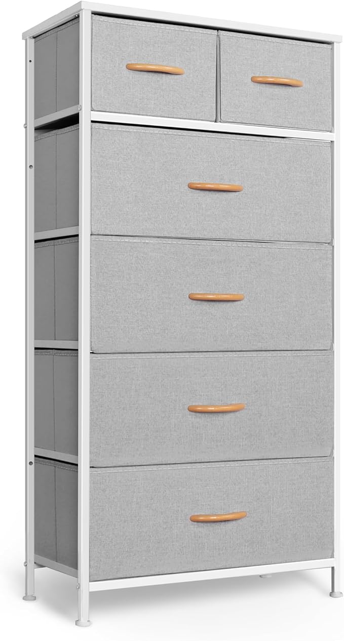Tall Dresser for Bedroom, Vertical Storage Organizer Tower with 6 Drawers, Chest of Drawers with Fabric Bins, Steel Frame, Wood Top for Bedroom, Closet, Entryway- Light Grey