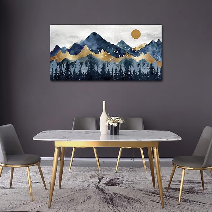 Abstract Nordic Canvas Wall Art - Indigo Blue and Brown Mountain Forest Picture Wall Decor Sun Birds Canvas Painting Nature Landscape Prints Artwork for Living Room Bedroom Decoration 24" x 48"