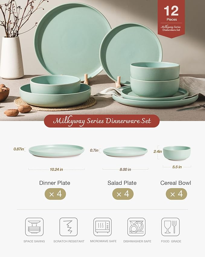 Famiware Milkyway Plates and Bowls Sets, 12 Pieces Dinnerware Sets, Reactive Glaze Dish Set, Stoneware Dishes Set for 4, Light Green