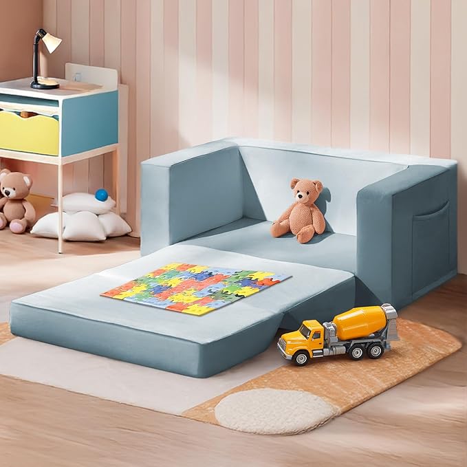 Kids Couch, 2-in-1 Toddler Chair Comfy 1-3 Years, Convertible Kids Chair, Toddler Couch That Fold Out, Kid Lounge Chairs for Boys and Girls, Soft Coral Fleece, Double, Blue