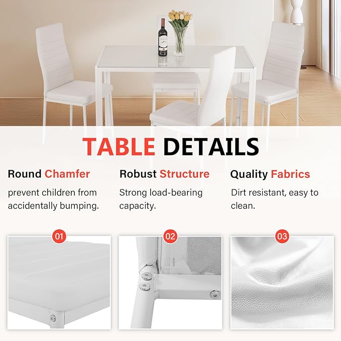 PayLessHere Dining Table Set Glass for Small Spaces Kitchen Table and Chairs for 4 Table with Chairs Home Furniture Rectangular Modern, White Glass