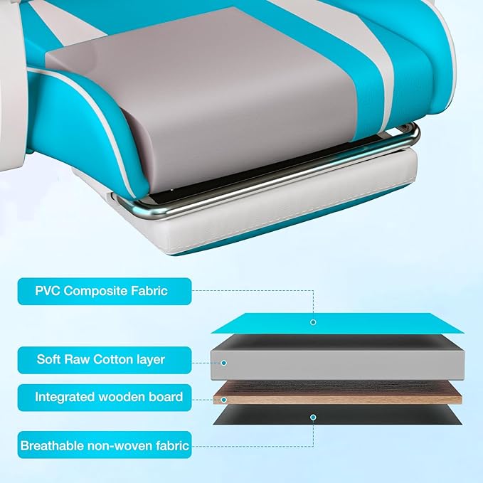 HOFFREE Massage Gaming Chair for Kids Computer Gamer Chair with Footrest and Lumbar Support Reclining PC Game Chair with Headrest for Gaming Room Light Blue and White