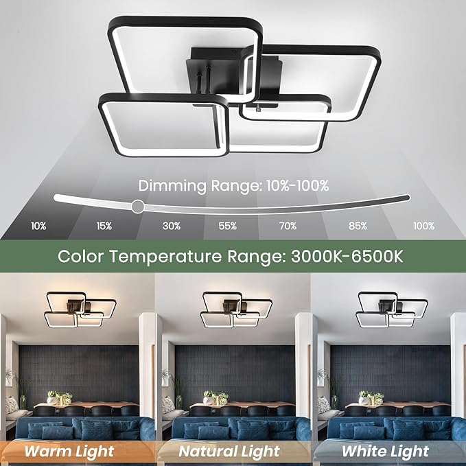 Modern Led Ceiling Light Fixtures for Living Room, Dimmable Square Ceiling Lighting Fixture with Remote Control, 3 Colors Flush Mount Ceiling Light for Dining Room, Kitchen, Living Room