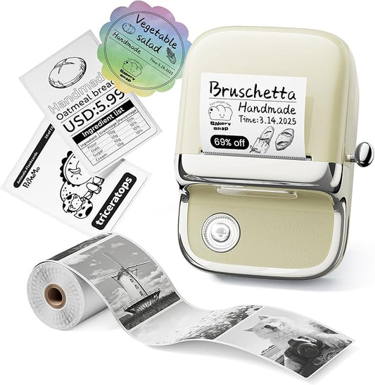 Phomemo M150 Label Maker, Upgraded Bluetooth Label Printer, Compatible with Phone, PC & Tablet, with 1 Roll Free Label Paper, Thermal Portable Sticker Printer Machine for Address,Bracode, Jar, Beige
