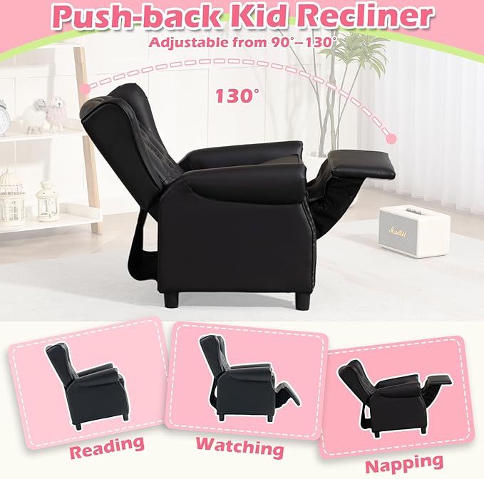 AVAWING Kids Wingback Recliner Chair with Studded Tufted Backrest & Nailhead Trim, PU Leather Kids Chair with Adjustable Backrest and Footrest, for Bedroom or Nursery (Black)