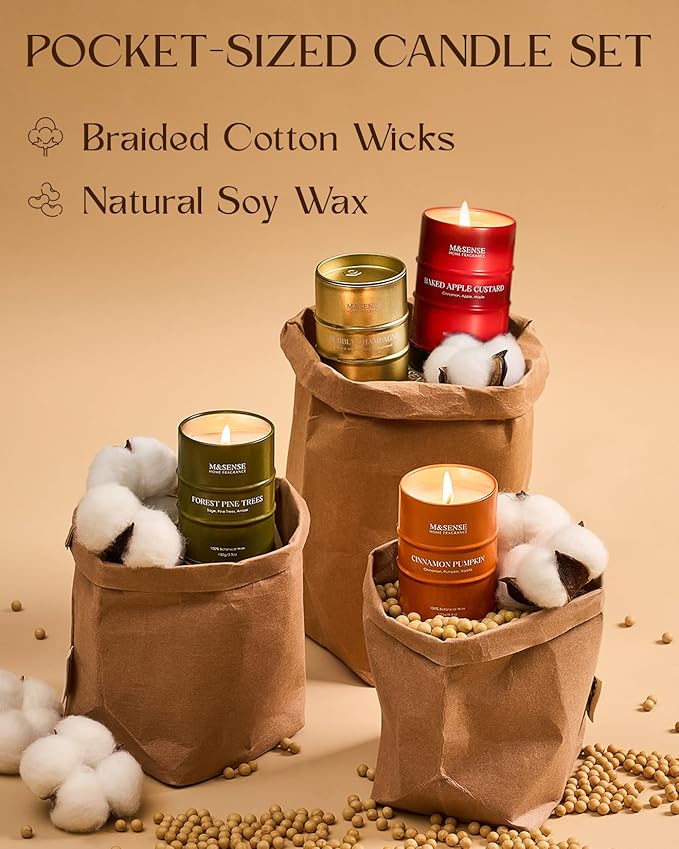 Mini Candle Set | Scented Candles Gift Set | 4 Pack Candles for Home Scented Candle,Apple Pumpkin Cinnamon Pine Champagne Candle,Gift Set for Women and Men,Soy Wax 14 oz 86 Hour