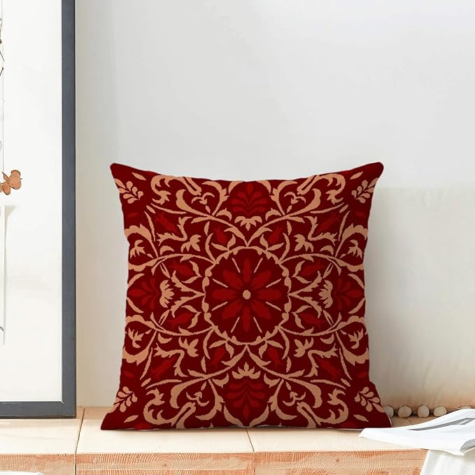 Boho Pillow Covers 18x18 Set of 2, Christmas Burgundy Red Bohemian Floral Decorative Throw Pillows Linen Blue Print Farmhouse Cushion Pillow Covers for Sofa Couch Outdoor