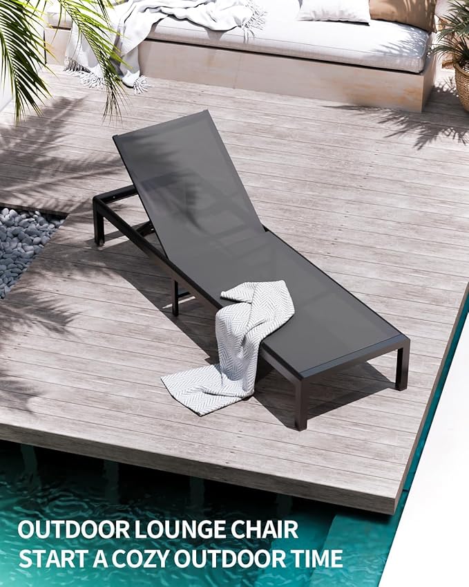 Aluminum Lounge Chairs Outdoor Chaise Furniture,2 Sets Patio Metal Deck Lounger Adjustable 5-Position Poolside Chase Recliner with Wheels for Beach,Coffee Table, (Gray, 2 Chairs + Table)