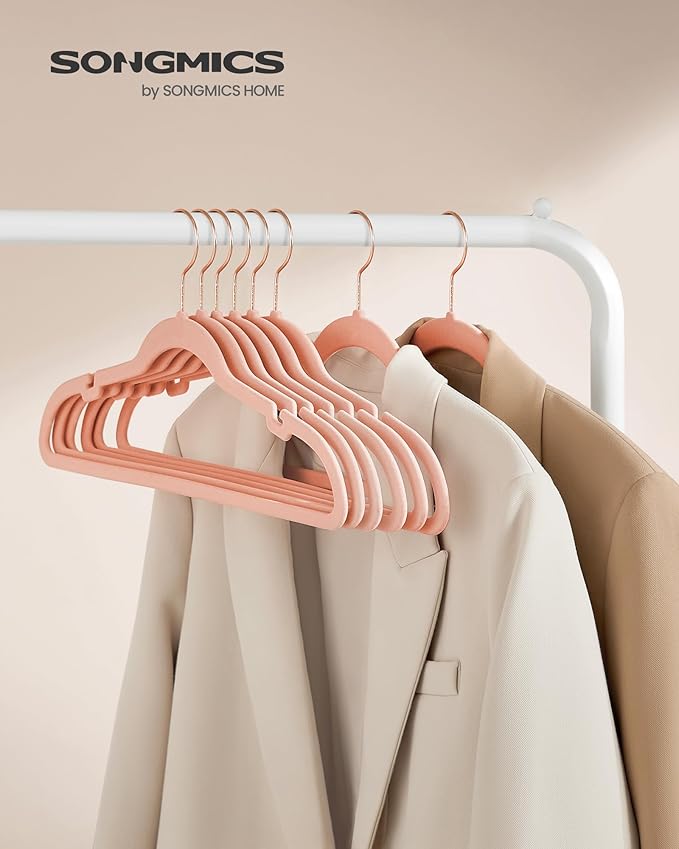 SONGMICS Velvet Hangers 100 Pack, Non-Slip Clothes, Suit With Shoulder Notches, Pants Bar, 360 Swivel Hook, Space-Saving, for Closet, Jelly Pink UCRF029R100