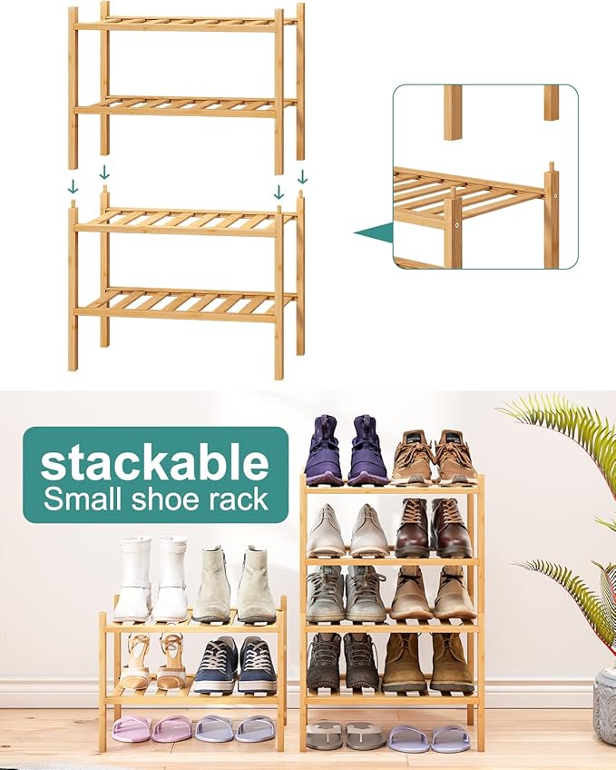 Small Shoe Rack, 2-Tier Shoe Rack for Entryway, Bamboo Wood Shoe Shelf for Closet & Hallway, Long 17.2IN | Beautiful | Functional | Sturdy | Durable