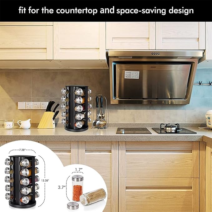 EBIZ&TECH 20-Jar Stainless Steel Rotating Spice Rack with Non-Slip Base - Kitchen Countertop Organizer for Easy Access and Storage of Spices (Black)