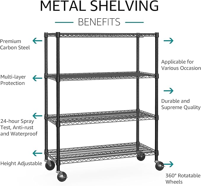 IZEUK Garage Shelving Wide Storage Shelves 4 Tier Metal Shelves Heavy Duty Adjustable Utility Shelf Rack Black 23.6" D x 53.1" W x 73.6" H
