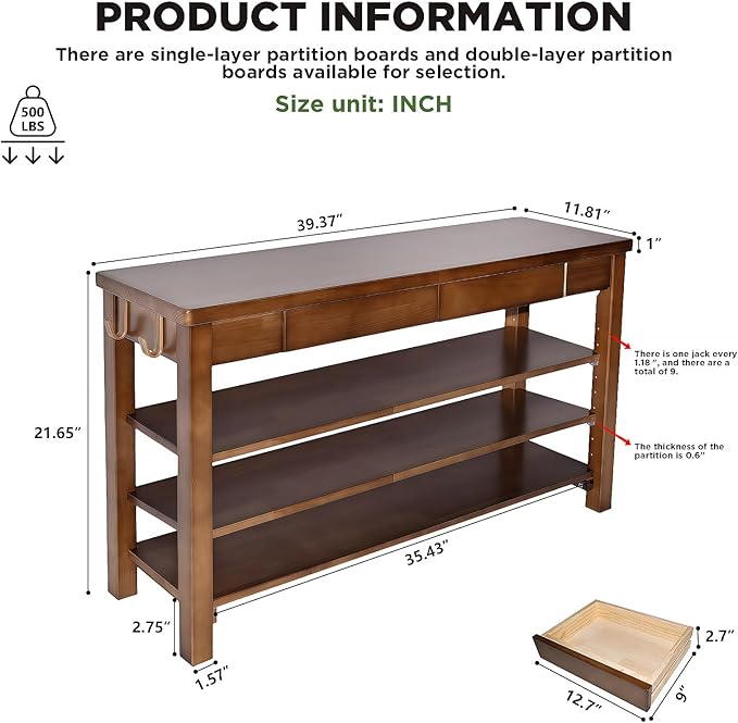 Wood Shoe Bench Entryway with Drawer: 3-Tiers Wooden Storage Shoe Rack with Bench Seat, Compact Mid-Century Modern Design for Entryway,Hallway, Closet,Front Door Entrance,Foyer Walnut 39.3"