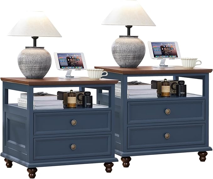 24" Wide Farmhouse Night Stand Set of 2,Large End Table with 2 Drawers & Metal Handle,Blue Wood Dresser for Bedroom, Bed Side Table Chest of Drawers Cabinet, Nightstand for Living Room,Closet