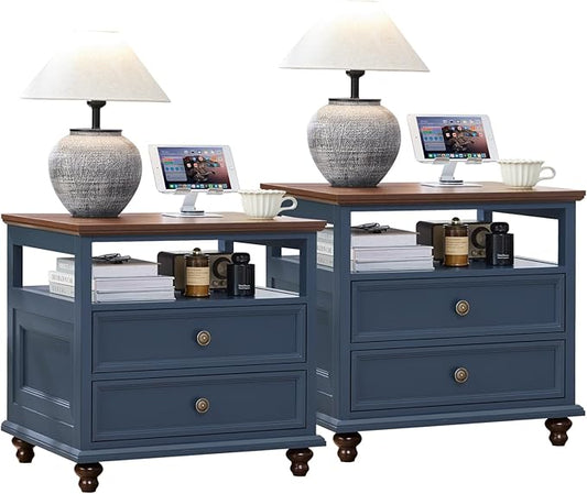 24" Wide Farmhouse Night Stand Set of 2,Large End Table with 2 Drawers & Metal Handle,Blue Wood Dresser for Bedroom, Bed Side Table Chest of Drawers Cabinet, Nightstand for Living Room,Closet