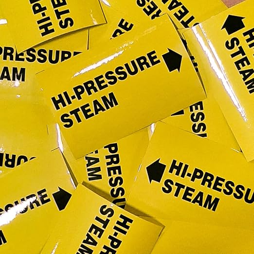 Industrial Pipe Marker Labels, Yellow with Black Text, Directional Arrows HI Pressure STEAM + Arrow